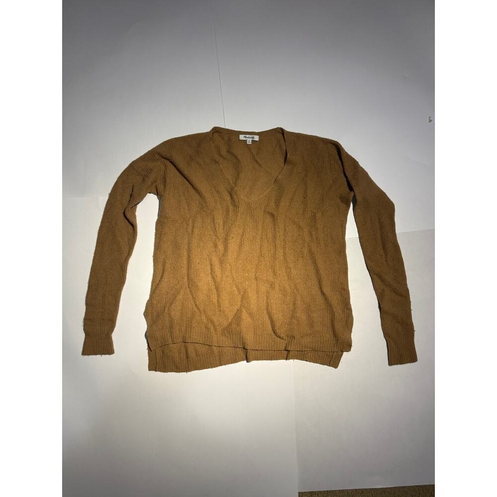 Madewell Womens XS Camel Brown Ribbed V-Neck Knit Sweater Long Sleeve Slit Hem